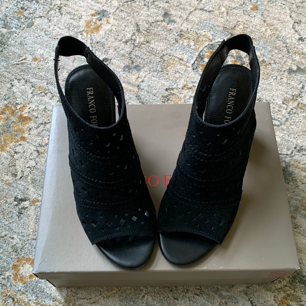 Franco Fortini Black Suede Peep-Toe Slingback Heels